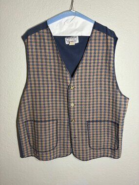 Union Bay Men's Navy Tan Rust Plaid Vest Button Front Patch Pockets L